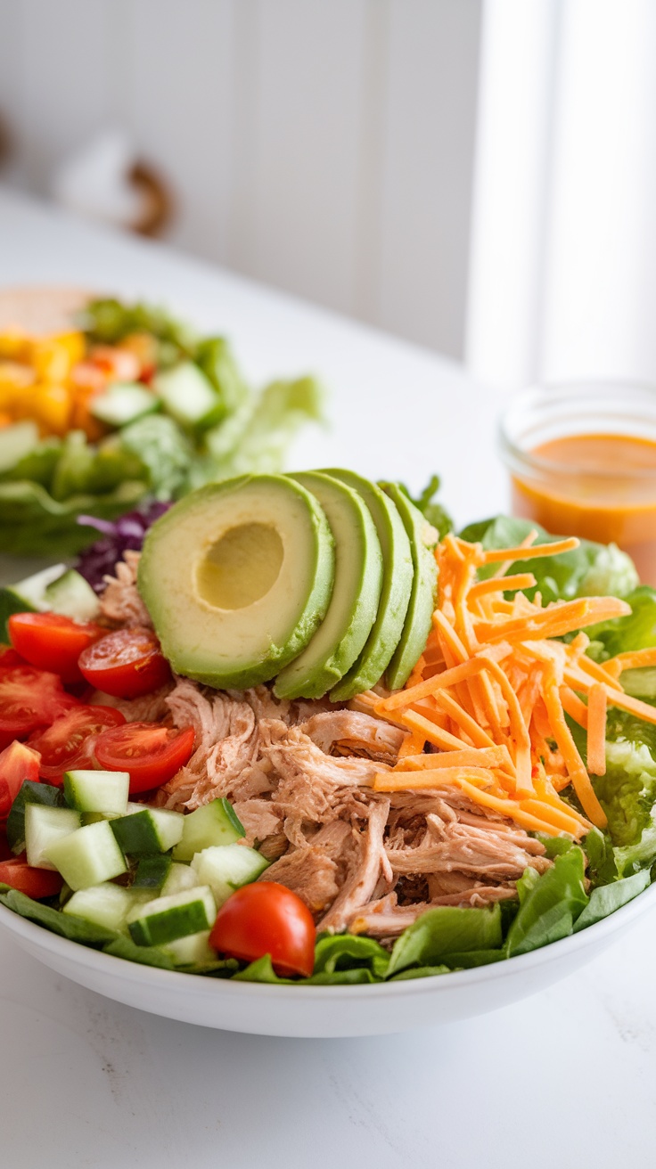 A colorful keto shredded chicken bowl with vegetables, avocado, and cheese.